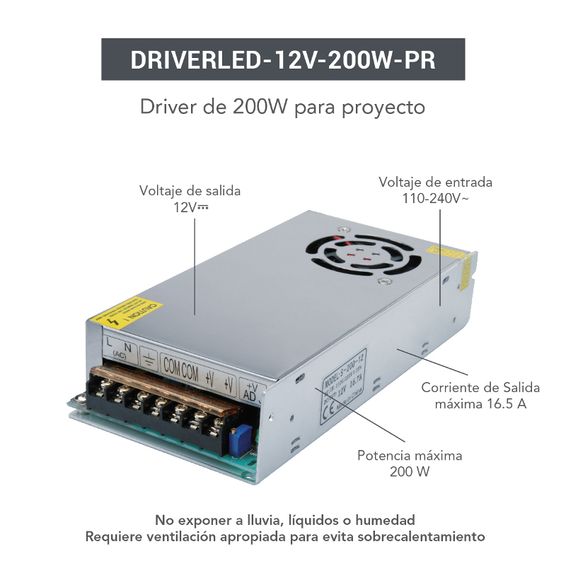 DRIVER-LED-12V-200W-PR-S — Driver de 200w para tiras de led modelo DRIVERLED-12V-200W-PR  - Comercial Eléctrica